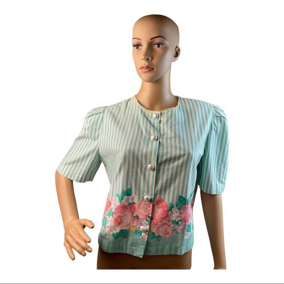 WILDFLOWER COLLECTION BY JC Penney WOMEN’S VINTAGE GREEN FLOWER SHIRT.SIZE M. - Picture 9 of 16